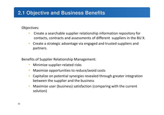 2.1 Objective and Business Benefits 
23 
Objectives: 
• Create a searchable supplier relationship information repository for 
contacts, contracts and assessments of different suppliers in the BU X. 
• Create a strategic advantage via engaged and trusted suppliers and 
partners. 
Benefits of Supplier Relationship Management: 
• Minimize supplier-related risks 
• Maximize opportunities to reduce/avoid costs 
• Capitalize on potential synergies revealed through greater integration 
between the supplier and the business 
• Maximize user (business) satisfaction (comparing with the current 
solution) 
 