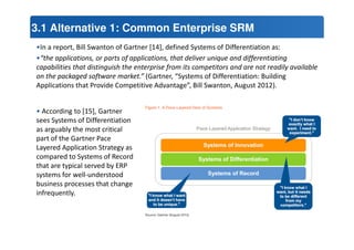 3.1 Alternative 1: Common Enterprise SRM 
•In a report, Bill Swanton of Gartner [14], defined Systems of Differentiation as: 
•“the applications, or parts of applications, that deliver unique and differentiating 
capabilities that distinguish the enterprise from its competitors and are not readily available 
on the packaged software market.” (Gartner, “Systems of Differentiation: Building 
Applications that Provide Competitive Advantage”, Bill Swanton, August 2012). 
• According to [15], Gartner 
sees Systems of Differentiation 
as arguably the most critical 
part of the Gartner Pace 
Layered Application Strategy as 
compared to Systems of Record 
that are typical served by ERP 
systems for well-understood 
business processes that change 
infrequently. 
 