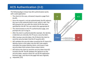 ACS Authentication (2-2) 
The following figure shows how ACS authentication works 
with a web application: 
1. The client (in this case, a browser) requests a page from 
the RP. 
2. Since the request is not yet authenticated, the RP redirects 
the user to the authority that it trusts, which is ACS. The 
ACS presents the user with the choice of IPs that were 
specified for this RP. The user selects the appropriate IP. 
3. The client browses to the IP's authentication page, and 
prompts the user to log on. 
4. After the client is authenticated (for example, the identity 
credentials are entered), the IP issues a security token. 
5. After issuing a security token, the IP directs the client to 
send the security token that the IP issued to ACS. 
6. ACS validates the security token issued by the IP, inputs the 
identity claims in this token into the ACS rules engine, 
calculates the output identity claims, and issues a new 
security token that contains these output claims. 
7. ACS directs the client to send the security token that ACS 
issued to the RP. The RP validates the signature on the 
security token, extracts claims for use by the application 
business logic, and returns the page that was originally 
60 requested, [13]. 
 