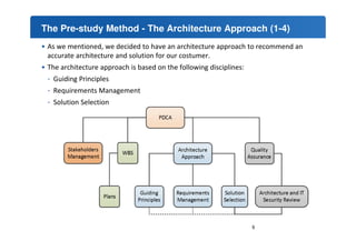The Pre-study Method - The Architecture Approach (1-4) 
• As we mentioned, we decided to have an architecture approach to recommend an 
accurate architecture and solution for our costumer. 
• The architecture approach is based on the following disciplines: 
- Guiding Principles 
- Requirements Management 
- Solution Selection 
9 
 