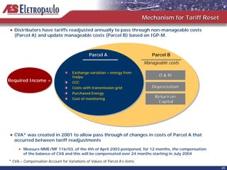 Mechanism for Tariff Reset

   Distributors have tariffs readjusted annually to pass through non-manageable costs
   (Parcel A) and update manageable costs (Parcel B) based on IGP-M.



                                              Parcel A                         Parcel B
                                                                            Manageable costs

                                    Exchange variation – energy from
                                    Itaipu                                         O&M
Required Income =
Required Income =                   CCC
                                    Costs with transmission grid               Depreciation
                                    Purchased Energy
                                    Cost of monitoring
                                                                                 Return on
                                                                                  Capital




   CVA* was created in 2001 to allow pass through of changes in costs of Parcel A that
   occurred between tariff readjustments
        Measure MME/MF 116/03, of the 4th of April 2003 postponed, for 12 months, the compensation
        of the balance of CVA and this will be compensated over 24 months starting in July 2004

* CVA – Compensation Account for Variations of Values of Parcel A’s items
                                                                                                         25
 