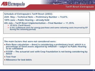 Tariff Reset Eletropaulo

Schedule of Eletropaulo’s Tariff Reset (2003):
26th May – Technical Note – Preliminary Number = 9.62%
18Th June – Public Hearing – already held
4th July – Tariff Reset Implementation – Final Number = 11,35%
     10.95% (Tariff Reset)
     0.4% (collateral costs for energy purchase and some rationing costs incurred by EP
     during the rationing period)




The main factors that were not considered were:
 Rate Base calculation – Aneel is considering a preliminary level, which is a
 percentage of fixed assets adjusted by inflation – subject to Public Hearing
 to be scheduled
 FCESP – The actuarial cost with Cesp Foundation is not being considering by
 Aneel
 Test Year
 Allowance for bed debts



                                                                                          28
 