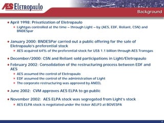 Background

April 1998: Privatization of Eletropaulo
   Lightgas controlled at the time – through Light – by (AES, EDF, Reliant, CSN) and
   BNDESpar


January 2000: BNDESPar carried out a public offering for the sale of
Eletropaulo’s preferential stock
   AES acquired 64% of the preferential stock for US$ 1.1 billion through AES Transgas

December/2000: CSN and Reliant sold participations in Light/Eletropaulo
February 2002: Consolidation of the restructuring process between EDF and
AES
   AES assumed the control of Eletropaulo
   EDF assumed the control of the administration of Light
   The corporate restructuring was approved by ANEEL

June 2002: CVM approves AES ELPA to go public

November 2002: AES ELPA stock was segregated from Light’s stock
   AES ELPA stock is negotiated under the ticker AELP3 at BOVESPA




                                                                                         4
 