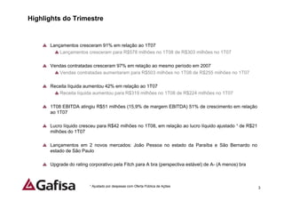 Highlights do Trimestre


      Lançamentos cresceram 91% em relação ao 1T07
          Lançamentos cresceram para R$578 milhões no 1T08 de R$303 milhões no 1T07

      Vendas contratadas cresceram 97% em relação ao mesmo período em 2007
          Vendas contratadas aumentaram para R$503 milhões no 1T08 de R$255 milhões no 1T07

      Receita líquida aumentou 42% em relação ao 1T07
          Receita líquida aumentou para R$319 milhões no 1T08 de R$224 milhões no 1T07

      1T08 EBITDA atingiu R$51 milhões (15,9% de margem EBITDA) 51% de crescimento em relação
      ao 1T07

      Lucro líquido cresceu para R$42 milhões no 1T08, em relação ao lucro líquido ajustado ¹ de R$21
      milhões do 1T07

      Lançamentos em 2 novos mercados: João Pessoa no estado da Paraíba e São Bernardo no
      estado de São Paulo

      Upgrade do rating corporativo pela Fitch para A bra (perspectiva estável) de A- (A menos) bra



                        ¹ Ajustado por despesas com Oferta Pública de Ações                             3
 