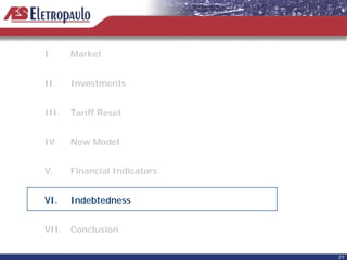 I.     Market


II.    Investments


III.   Tariff Reset


IV.    New Model


V.     Financial Indicators


VI.    Indebtedness


VII.   Conclusion

                              21
 