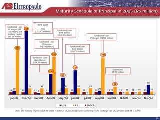 Maturity Schedule of Principal in 2003 (R$ million)


                                   Bank Loan
Syndicated Loan
 JP Morgan (R$         325
                       325           Itau
                                                          Syndicated Loan
158 million) and                (US$100million)
                                                            Bank Boston
Working Capital                                           (US$ 30 million)
 (R$ 38 million)                                                                                     Syndicated Loan
                                                                                                 JP Morgan (R$158 million)
                                      Syndicated Loan
                                        JP Morgan
                                      (R$ 158 million)                    Syndicated Loan
            228                                                             Bank Boston
                                                                          (US$ 30 million)
                                                    195
                                                    195                                                         191
                                                                                                                191
                              Syndicated Loan
                                Bank Boston
                              (US$ 30 million)

                                                                               124
                                                                               124
                                                                                                                           Debentures
                                                  106
                                                  106                                                                     R$ 39 million
                                                                86
                                                                86


                                                                                                                                                                    50
                                                                                                                              39
                                                                                                                              39
                         31            31                            32          32              33
       20                                                                                                  20                               15            15             15
  11              11           11 8          11            12             12           12             12              12 13        13            13            13
                                                                                             0                                          0             0

   jan/04          Feb/04      mar/04        Apr/04        May/04          jun/04        jul/04       Aug/04          Sep/04       Oct/04        nov/04        Dec/04


                                                                US$             R$           BNDES

        Note: The maturity of principal of the debts in dollar as of Jun/30/2003 were converted by the exchange rate of such date (US$/R$ = 2.872)


                                                                                                                                                                              25
 