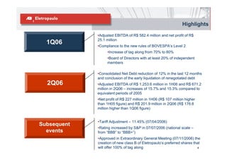 Highlights

             •Adjusted EBITDA of R$ 582.4 million and net profit of R$
             25.1 million
  1Q06       •Compliance to the new rules of BOVESPA’s Level 2
                   •Increase of tag along from 70% to 80%
                   •Board of Directors with at least 20% of independent
                   members

             •Consolidated Net Debt reduction of 12% in the last 12 months
             and conclusion of the early liquidation of renegotiated debt
  2Q06       •Adjusted EBITDA of R$ 1,253.6 million in 1H06 and R$ 671.2
             million in 2Q06 – increases of 15.7% and 15.3% compared to
             equivalent periods of 2005
             •Net profit of R$ 227 million in 1H06 (R$ 107 million higher
             than 1H05 figure) and R$ 201.9 million in 2Q06 (R$ 176.8
             million higher than 1Q06 figure)


             •Tariff Adjustment – 11.45% (07/04/2006)
Subsequent
             •Rating increased by S&P in 07/07/2006 (national scale –
  events     from “BBB” to “BBB+”)
             •Approved in Extraordinary General Meeting (07/11/2006) the
             creation of new class B of Eletropaulo’s preferred shares that
             will offer 100% of tag along                                4
 