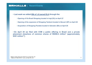 | Recent Events



      • Last week we added 68k m² of owned GLA through the:

                • Opening of Via Brasil Shopping located in Irajá (RJ) on April 27

                • Opening of the expansion of Shopping Tamboré located in Barueri (SP) on April 28

                • Acquisition of Shopping Paralela located in Salvador (BA) on April 29



      • On April 29 we filed with CVM a public offering in Brazil and a private
      placement elsewhere of common shares of R$598.4 million* (approximately
      $381 million**)




                                                                                                     14
*Based on closing share price of R$17.60, as of April 27th, 2011.
** Based on FX rate of R$1.57 / US$ , as of April 27th, 2011.
 