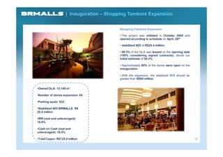 | Inauguration – Shopping Tamboré Expansion


                                           Shopping Tamboré Expansion

                                           • The project was initiated in October 2009 and
                                           opened according to schedule on April, 28th

                                           • stabilized NOI of R$20.4 million;

                                           • 98.5% of the GLA was leased on the opening date
                                           (100% considering signed contracts), above our
                                           initial estimate of 94.3%;

                                           • Approximately 80% of the stores were open on the
                                           inauguration

                                           • With the expansion, the stabilized NOI should be
                                           greater than R$60 million.


•Owned GLA: 15,140 m²

•Number of stores expansion: 84

•Parking spots: 832

•Stabilized NOI BRMALLS: R$
20.4 million

•IRR (real and unleveraged):
16.8%

•Cash on Cash (real and
unleveraged): 18.5%

•Total Capex: R$124.0 million                                                                   16
 
