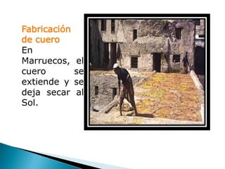 Fabricación
de cuero
En
Marruecos,    el
cuero         se
extiende y    se
deja secar    al
Sol.
 