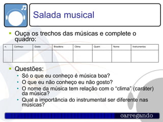 Salada musical Ouça os trechos das músicas e complete o quadro: Questões: Só o que eu conheço é música boa? O que eu não conheço eu não gosto? O nome da música tem relação com o “clima” (caráter) da música? Qual a importância do instrumental ser diferente nas músicas? Instrumentos Nome Quem Clima Brasileira Gosto Conheço n. 