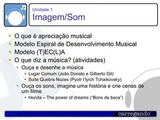 Unidade 1 Imagem/Som O que é apreciação musical Modelo Espiral de Desenvolvimento Musical Modelo (T)EC(L)A O que diz a música? (atividades)‏ Ouça e desenhe a música Lugar Comum (João Donato e Gilberto Gil) Suite Quebra Nozes (Pyotr I’lyich Tchaikovsky) Ouça os sons, imagine uma história e crie cenas de um filme Honda – The power of dreams (“Bons de boca”) 
