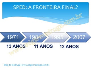 SPED: A FRONTEIRA FINAL?




  1971                1984                  1995   2007
  13 ANOS                  11 ANOS            12 ANOS


Blog do Madruga | www.edgarmadruga.com.br
 