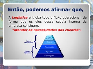 Então, podemos afirmar que,
A Logística engloba todo o fluxo operacional, de
forma que os elos dessa cadeia interna da
empresa consigam,
“atender as necessidades dos clientes”.
 