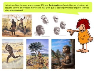 Hai catro millóns de anos , apareceron en África os Australopitecus (homínidos moi primitivos -de
pequeno cerebro e habilidade manual case nula- pero que xa podían permanecer erguidos sobre as
súas patas inferiores).

 