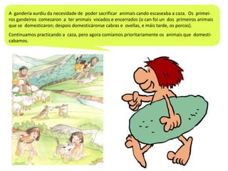 A gandería xurdiu da necesidade de poder sacrificar animais cando escaseaba a caza. Os primeiros gandeiros comezaron a ter animais vixiados e encerrados (o can foi un dos primeiros animais
que se domesticaron; despois domesticáronse cabras e ovellas, e máis tarde, os porcos).
Continuamos practicando a caza, pero agora comiamos prioritariamente os animais que domesticabamos.

 