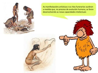 As manifestacións artísticas e os ritos funerarios xurdiron
a medida que, no proceso de evolución humana, se foron
desenvolvendo as nosas capacidades intelectuais

 