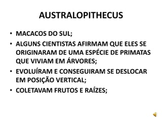 AUSTRALOPITHECUS
• MACACOS DO SUL;
• ALGUNS CIENTISTAS AFIRMAM QUE ELES SE
ORIGINARAM DE UMA ESPÉCIE DE PRIMATAS
QUE VIVIAM EM ÁRVORES;
• EVOLUÍRAM E CONSEGUIRAM SE DESLOCAR
EM POSIÇÃO VERTICAL;
• COLETAVAM FRUTOS E RAÍZES;
 