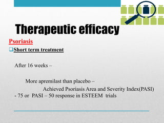 Therapeutic efficacy
Psoriasis
Short term treatment
After 16 weeks –
More apremilast than placebo –
Achieved Psoriasis Area and Severity Index(PASI)
- 75 or PASI – 50 response in ESTEEM trials
 