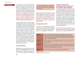 48
Guix 379 | Novembre 2011
Activació i avaluació dels
coneixements previs i presentació
dels objectius i del procediment
La mestra va presentar el tema fent emer-
gir els conceptes previs de l’alumnat, tot
proposant una pluja d’idees ràpida sobre
què en sabien de la prehistòria. Va fer sor-
tir dos alumnes a la pissarra per tal que
apuntessin més ràpidament les idees
que anaven sorgint i va anar regulant i
moderant les intervencions dels alumnes,
tot buscant una primera ordenació dels di-
ferents conceptes que es coneixien i de-
tectant, amb el conjunt de la classe, que
desconeixien moltes coses que valia la
pena que aprenguessin.
Per fer-ho, la mestra va realitzar una pro-
posta de treball, a fi de buscar l’acceptació
del grup. Els va suggerir de treballar per tri-
l’Espill, una escola concertada d’una sola
línia de Manresa. Els objectius de la unitat
eren: identificar i descriure les característi-
ques socials, culturals, ideològiques i eco-
nòmiques de la prehistòria i les grans
etapes en què es divideix i aprendre a tre-
ballar en equip.
Descripció de la unitat
La unitat es va desenvolupar en quatre
sessions d’una hora. Dins de cada sessió,
van tenir lloc les activitats que resumim al
quadre 1 i que expliquem a continuació.
no significa pas que treballin cooperativa-
ment. Tots sabem, per l’experiència que
tenim com a aprenents o com a docents,
que, en el simple treball en grup, es corre
el risc que hi hagi una participació des-
equilibrada, amb uns alumnes que treba-
llen poc i uns altres que ho fan tot. Els
mètodes d’aprenentatge cooperatiu (Mo-
nereo i Duran, 2002) poden ajudar els do-
cents a convertir el treball en grup en
treball en equip, on cada membre hi ha de
participar per tal d’assolir l’èxit conjunt.
Un dels mètodes més coneguts, per la
simplicitat que comporta, és el puzle (Sla-
vin, 1995), en el qual cada membre del
grup esdevé expert en una part necessà-
ria (la peça del puzle) del coneixement
que cal construir per assolir l’objectiu
comú. Esdevenir expert significa, en
aquest cas, saber més que la resta dels
companys i les companyes sobre una part
de la temàtica. Per tant, el docent aug-
menta les diferències dins de l’equip, per-
què, amb l’aprenentatge cooperatiu,
seran aquestes diferències el que perme-
tran que els alumnes i les alumnes apren-
guin ensenyant als seus companys i
rebent ajudes al seu torn.
Context i objectius
L’experiència que es relata va tenir lloc,
durant el curs 2008-2009, dins les activi-
tats de ciències socials d’un grup de vint-
i-cinc alumnes de sisè de primària de
EN LA PRÀCTICA
Un dels mètodes més coneguts,
per la simplicitat que comporta,
és el puzle
Sessió 1
Sessió 2
Sessió 3
Sessió 4
Fase 1 i fase 2. Presentació del tema (pluja d’idees) i explicació del
mètode puzle (30 minuts), trobada amb els companys i les companyes
de tribu i lectura de la carta (15 minuts), trobada amb el grup d’experts i
lectura de la carta (15 minuts).
Fase 2. Treball en el grup d’experts (50 minuts) i assaig en el grup d’ex-
perts (10 minuts).
Fase 2 i fase 3. Assaig en el grup d’experts (15 minuts), trobada amb els
companys i les companyes de tribu, lectura de la carta, posada en comú
de cada expert i quadre resum (45 minuts).
Fase 4. La prova de les cinc preguntes (10 minuts per grup).
Quadre 1. Temporització de la unitat
 