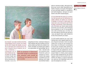 bus (equips) i que cada membre de la tribu
s’encarregués de dur a terme una missió
pel bé de tot l’equip (de treballar una part
de la informació per convertir-se en ex-
pert). Després hauria d’explicar als al-
tres companys i
companyes de la
tribu tot allò que hau-
ria après. Un cop feta
la reunió, el gran cap
(el mestre) duria a
terme una prova ano-
menada «Les cinc
preguntes de la tribu» (avaluació d’equip on
cada membre del grup escolliria una pre-
gunta a l’atzar que hauria de contestar oral-
ment). El mestre va remarcar que cadascú
era responsable de l’aprenentatge dels al-
tres, i que per això
els avaluaria junts.
Finalment, se’ls va
proposar el funcio-
nament dels equips
(constituïts per cinc
alumnes amb nivells
de rendiment hetero-
genis en ciències socials) i dels grups d’ex-
perts que havien estat dissenyats per la
mestra, buscant un cert grau d’homogeneï-
tat que permetés realitzar un ajustament
del nivell d’exigència i del grau de suport
docent a les seves característiques.
Un cop presentats els equips, es va dema-
nar als alumnes que es distribuïssin en
petites rotllanes de cadires per començar
a treballar, tot donant a cada equip una
carta amb unes instruccions que havien
de llegir conjuntament. A les instruccions,
se’ls informava que havien estat escollits
per formar una nova tribu i se’ls demanava
que es posessin un nom. Un cop escollit el
nom, se’ls comentava que, a la tribu, tot-
hom tenia alguna cosa bona per aportar-hi
i que, per aquest motiu, cada membre de
la tribu havia d’assolir una missió.
La carta també explicava que, quan cada
membre de la tribu hagués assolit la mis-
sió, s’haurien de tornar a reunir en aquell
mateix lloc al cap de tres creixents de
lluna (dies). A continuació, es plantejava
la funció que ocupava cada membre, la
missió que hauria de dur a terme i el lloc
on havia d’anar per preparar-se, com se
sintetitza al quadre 2. Mentre els alumnes
anaven llegint, la mestra anava passant
per les taules assegurant-se que tothom
hagués entès el funcionament del nou
sistema de treball. La majoria d’alumnes
van sentir-se molt identificats amb el rol
que se’ls assignava a la carta.
Guix 379 | Novembre 2011
49
EN LA PRÀCTICA
Aprenentatge col·laboratiu
CSP
AlbaBacardit,DavidDuran
Se’ls va proposar el funciona-
ment dels equips (constituïts per
cinc alumnes amb nivells de
rendiment heterogenis en cièn-
cies socials)
 