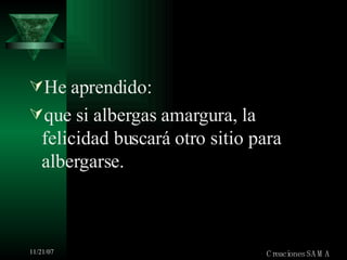 He aprendido: que si albergas amargura, la felicidad buscará otro sitio para albergarse. Creaciones SAMA 