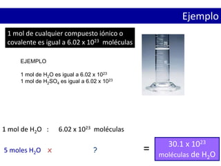 1 mol de cualquier compuesto iónico o
covalente es igual a 6.02 x 1023 moléculas
Ejemplo
1 mol de H2O : 6.02 x 1023 moléculas
5 moles H2O x ?
30.1 x 1023
moléculas de H2O
=
EJEMPLO
1 mol de H2O es igual a 6.02 x 1023
1 mol de H2SO4 es igual a 6.02 x 1023
 