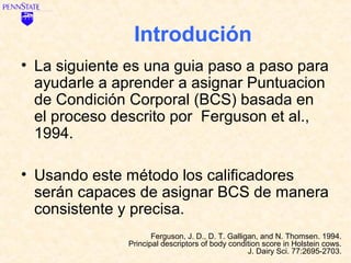 Introdución
• La siguiente es una guia paso a paso para
  ayudarle a aprender a asignar Puntuacion
  de Condición Corporal (BCS) basada en
  el proceso descrito por Ferguson et al.,
  1994.

• Usando este método los calificadores
  serán capaces de asignar BCS de manera
  consistente y precisa.
                      Ferguson, J. D., D. T. Galligan, and N. Thomsen. 1994.
               Principal descriptors of body condition score in Holstein cows.
                                                   J. Dairy Sci. 77:2695-2703.
 