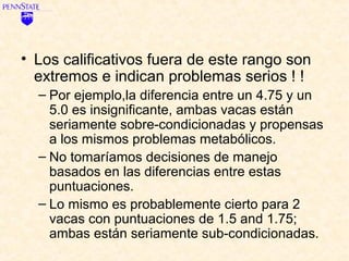 • Los calificativos fuera de este rango son
  extremos e indican problemas serios ! !
  – Por ejemplo,la diferencia entre un 4.75 y un
    5.0 es insignificante, ambas vacas están
    seriamente sobre-condicionadas y propensas
    a los mismos problemas metabólicos.
  – No tomaríamos decisiones de manejo
    basados en las diferencias entre estas
    puntuaciones.
  – Lo mismo es probablemente cierto para 2
    vacas con puntuaciones de 1.5 and 1.75;
    ambas están seriamente sub-condicionadas.
 