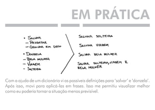 EM PRÁTICA 
Com a ajuda de um dicionário vi as possíveis definições para ‘salvar’ e ‘donzela’. 
Após isso, movi para aplicá-las em frases. Isso me permitiu visualizar melhor 
como eu poderia tornar a situação menos previsível. 
 