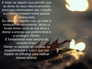 É triste ver alguém que permitiu que as dores de seus relacionamentos amorosos dominassem seu coração e o transformassem numa pessoa amargurada. Ou observar alguém que, ao notar a evolução do concorrente, deixou a inveja tomar conta de sua alma e drenar a energia que poderia levá-lo a conseguir vitórias. É fundamental estar sempre de coração limpo. Deixar no passado as mágoas, os ressentimentos e tudo o que nos impede de trabalhar para realizar nossos sonhos. 