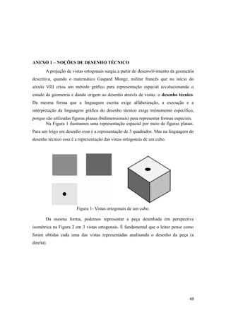 ANEXO 1 – NOÇÕES DE DESENHO TÉCNICO
A projeção de vistas ortogonais surgiu a partir do desenvolvimento da geometria
descritiva, quando o matemático Gaspard Monge, militar francês que no início do
século VIII criou um método gráfico para representação espacial revolucionando o
estudo da geometria e dando origem ao desenho através de vistas: o desenho técnico.
Da mesma forma que a linguagem escrita exige alfabetização, a execução e a
interpretação da linguagem gráfica do desenho técnico exige treinamento específico,
porque são utilizadas figuras planas (bidimensionais) para representar formas espaciais.
Na Figura 1 ilustramos uma representação espacial por meio de figuras planas.
Para um leigo em desenho essa é a representação de 3 quadrados. Mas na linguagem do
desenho técnico essa é a representação das vistas ortogonais de um cubo.
Figura 1- Vistas ortogonais de um cubo.
Da mesma forma, podemos representar a peça desenhada em perspectiva
isométrica na Figura 2 em 3 vistas ortogonais. É fundamental que o leitor pense como
foram obtidas cada uma das vistas representadas analisando o desenho da peça (a
direita).
49
 
