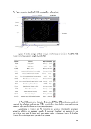 Na Figura tem-se o AutoCAD 2002 com detalhes sobre a tela.
Apesar de tantos avanços ainda é possível perceber que os ícones do AutoCAD 2016
mudaram muito pouco em relação à versão R14.
O AutoCAD, com seus formatos de arquivo DWG e DXF, se tornou padrão no
mercado de soluções genéricas de CAD, permitindo o intercâmbio com praticamente
todos os softwares CAD que surgiram posteriormente.
Atualmente os recursos em 3D permitem que usuários principiantes consigam
visualizar objetos em qualquer ângulo. É possível visualizar um automóvel, por
exemplo, e ver a parte de baixo, abrir suas portas, motor e obter uma riqueza de detalhes
de uma determinada peça em questão de segundos.
66
 