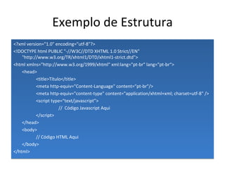 Exemplo de Estrutura <?xml version="1.0" encoding="utf-8"?> <!DOCTYPE html PUBLIC "-//W3C//DTD XHTML 1.0 Strict//EN" "http://www.w3.org/TR/xhtml1/DTD/xhtml1-strict.dtd"> <html xmlns="http://www.w3.org/1999/xhtml" xml:lang="pt-br" lang="pt-br“> <head> <title>Título</title> <meta http-equiv="Content-Language" content="pt-br"/> <meta http-equiv="content-type" content="application/xhtml+xml; charset=utf-8" /> <script type=“text/javascript”> //  Código Javascript Aqui </script> </head> <body> // Código HTML Aqui </body> </html> 