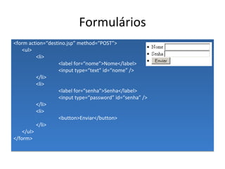Formulários <form action=“destino.jsp” method=“POST”> <ul> <li> <label for=“nome”>Nome</label> <input type=“text” id=“nome” /> </li> <li> <label for=“senha”>Senha</label> <input type=“password” id=“senha” /> </li> <li> <button>Enviar</button> </li> </ul> </form> 