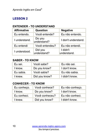 Aprenda Inglês em Casa©
www.aprenda-ingles-agora.com
Seutempoé precioso.
10
LLEESSSSOONN 22
ENTENDER - TO UNDERSTAND
Affirmative Question Negative
Eu entendo. Você entende? Eu não entendo.
I understand.
Do you
understand?
I don't understand.
Eu entendi Você entendeu? Eu não entendi.
I understood.
Did you
understand?
I didn't
understand.
SABER - TO KNOW
Eu sei. Você sabe? Eu não sei.
I know. Do you know? I don't know.
Eu sabia. Você sabia? Eu não sabia.
I knew. Did you know? I didn't know.
CONHECER - TO KNOW
Eu conheço. Você conhece? Eu não conheço.
I know. Do you know? I don't know.
Eu conheci. Você conheceu? Eu não conheci.
I knew. Did you know? I didn't know.
 