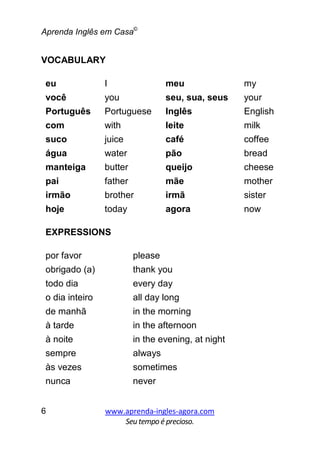 Aprenda Inglês em Casa©
www.aprenda-ingles-agora.com
Seutempoé precioso.
6
VOCABULARY
eu I meu my
você you seu, sua, seus your
Português Portuguese Inglês English
com with leite milk
suco juice café coffee
água water pão bread
manteiga butter queijo cheese
pai father mãe mother
irmão brother irmã sister
hoje today agora now
EXPRESSIONS
por favor please
obrigado (a) thank you
todo dia every day
o dia inteiro all day long
de manhã in the morning
à tarde in the afternoon
à noite in the evening, at night
sempre always
às vezes sometimes
nunca never
 