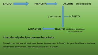 ENOJO PRINCIPIO* ACCIÓN (repetición)
3 semanas HÁBITO
CARÁCTER HÁBITO instalo el principio
en mi carácter
*Instalar el principio que me hace falta
Cuando se tienen vibraciones bajas (intelectuar inferior), la problemática mundana,
justifica las emociones, eso no ayuda a salir, a crecer.
 