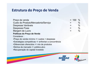 Estrutura do Pre?o de Venda
Pre?o de venda = 100 %
Custo do Produto/Mercadoria/Servi?o = %
Despesas Variveis = %
Despesas Fixas = %
Margem de Lucro = %
Polticas do Pre?o de Venda
Polticas do Pre?o de Venda
Considerar :
?Pre?o de venda mnimo  custos + despesas
?Estratgias competitivas  enfrentar a concorrncia
?Diferenciais oferecidos  mix de produtos
?Nichos de mercado  pblico-alvo
?Recupera??o do capital investido
 