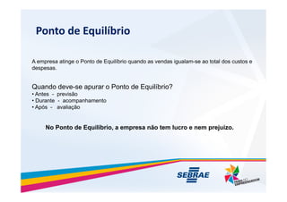 Ponto de Equilbrio
A empresa atinge o Ponto de Equilbrio quando as vendas igualam-se ao total dos custos e
despesas.
Quando deve-se apurar o Ponto de Equilbrio?
? Antes - previs?o
? Durante - acompanhamento
? Durante - acompanhamento
? Aps - avalia??o
No Ponto de Equilbrio, a empresa n?o tem lucro e nem prejuzo.
 
