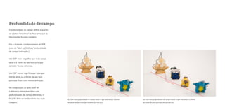 Profundidade de campo 
A profundidade de campo define o quanto 
os objetos “próximos” do foco principal da 
foto estarão focados também. 
Ela é chamada carinhosamente de DOF 
(vem de “depth of field”, ou “profundidade 
de campo” em inglês.) 
Um DOF maior significa que mais coisas 
atrás e à frente do seu foco principal 
também ficarão definidas. 
Um DOF menor significa que tudo que 
estiver atrás ou à frente do seu foco 
principal ficará com menor definição. 
Na comparação ao lado, você vê 
a diferença entre duas fotos com 
profundidades de campo diferentes. O 
foco foi feito no tamborzinho nas duas 
imagens: 
6c. Com uma profundidade de campo maior o que está atrás e à frente 
do ponto de foco principal também fica em foco 
6d. Com uma profundidade de campo menor o que está atrás e à frente 
do ponto de foco principal fica fora de foco 
 