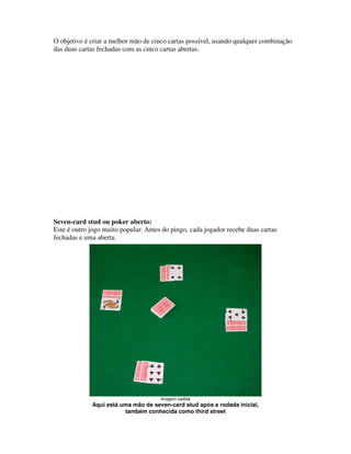 O objetivo é criar a melhor mão de cinco cartas possível, usando qualquer combinação
das duas cartas fechadas com as cinco cartas abertas.




Seven-card stud ou poker aberto:
Este é outro jogo muito popular. Antes do pingo, cada jogador recebe duas cartas
fechadas e uma aberta.




                                      Imagem cedida
             Aqui está uma mão de seven-card stud após a rodada inicial,
                        também conhecida como third street
 