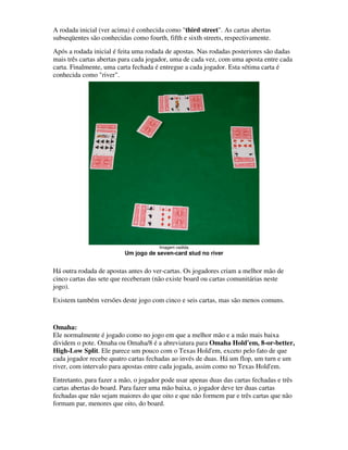 A rodada inicial (ver acima) é conhecida como "third street". As cartas abertas
subseqüentes são conhecidas como fourth, fifth e sixth streets, respectivamente.
Após a rodada inicial é feita uma rodada de apostas. Nas rodadas posteriores são dadas
mais três cartas abertas para cada jogador, uma de cada vez, com uma aposta entre cada
carta. Finalmente, uma carta fechada é entregue a cada jogador. Esta sétima carta é
conhecida como "river".




                                       Imagem cedida
                          Um jogo de seven-card stud no river


Há outra rodada de apostas antes do ver-cartas. Os jogadores criam a melhor mão de
cinco cartas das sete que receberam (não existe board ou cartas comunitárias neste
jogo).
Existem também versões deste jogo com cinco e seis cartas, mas são menos comuns.


Omaha:
Ele normalmente é jogado como no jogo em que a melhor mão e a mão mais baixa
dividem o pote. Omaha ou Omaha/8 é a abreviatura para Omaha Hold' 8-or-better,
                                                                      em,
High-Low Split. Ele parece um pouco com o Texas Hold'em, exceto pelo fato de que
cada jogador recebe quatro cartas fechadas ao invés de duas. Há um flop, um turn e um
river, com intervalo para apostas entre cada jogada, assim como no Texas Hold'em.
Entretanto, para fazer a mão, o jogador pode usar apenas duas das cartas fechadas e três
cartas abertas do board. Para fazer uma mão baixa, o jogador deve ter duas cartas
fechadas que não sejam maiores do que oito e que não formem par e três cartas que não
formam par, menores que oito, do board.
 