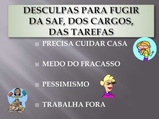  PRECISA CUIDAR CASA
 MEDO DO FRACASSO
 PESSIMISMO
 TRABALHA FORA
 