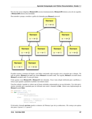 Aprenda Computação com Python Documentation, Versão 1.1
Em uma das nossas máquinas, ﬁbonacci(20) executa instantaneamente, ﬁbonacci(30) demora cerca de um segundo,
e ﬁbonacci(40) demora uma eternidade.
Para entender o porque, considere o gráﬁco de chamadas para ﬁbonacci com n=4:
O gráﬁco mostra a estrutura da função, com linhas conectando cada execução com a execução que a chamou. No
topo do gráﬁco, ﬁbonacci tem n=4, que chama ﬁbonacci com n=3 e n=2. Em seguida, ﬁbonacci com n=3 chama
ﬁbonacci com n=2 e n=1. E assim por diante.
Conte quantas vezes ﬁbonacci(0) e ﬁbonacci(1) são chamadas. Essa é uma solução ineﬁciente para o problema, e
torna-se pior quando o parâmetro recebido é um número maior.
Uma boa solução é guardar os valores que já foram calculados armazenando-os em um dicionário. Um valor previ-
amente calculado que é guardado para ser utilizado mais tarde é chamado de hint. Abaixo uma implementação de
ﬁbonacci usando hints:
>>> previous = {0:1, 1:1}
>>> def fibonacci(n):
if previous.has_key(n):
return previous[n]
else:
newValue = fibonacci(n-1) + fibonacci(n-2)
previous[n] = newValue
return newValue
O dicionário chamado previous guarda os números de Fibonacci que nós ja conhecemos. Ele começa com apenas
dois pares: 0 possui 1; e 1 possui 1.
12.5. 10.5 Hint XXX 97
 
