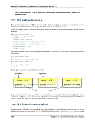 Aprenda Computação com Python Documentation, Versão 1.1
Uma variável que refere a um nó pode tratar o nó como um objeto único ou como o primeiro em
uma lista de nós.
19.7 17.7 Modiﬁcando Listas
Existem duas maneiras de se modiﬁcar uma lista ligada. Obviamente, podemos modiﬁcar a carga dos nós, mas as
operações mais interessantes são aquelas que adicionam, removem ou reordenam os nós.
Como um exemplo, vamos escrever um método que remove o segundo nó na lista e retorna uma referência ao nó
removido:
def removeSegundo(lista):
if lista == None : return
primeiro = lista
segundo = lista.proximo
# faz o primeiro no referir ao terceiro
primeiro.proximo = segundo.proximo
# separa o segundo no do resto da lista
segundo.proximo = None
return segundo
Novamente, estamos usando variáveis temporárias para tornar o código mais fácil de ser lido. Aqui está como usar
este método:
>>> imprimeLista(no1)
1 2 3
>>> removido = removeSegundo(no1)
>>> imprimeLista(removido)
2
>>> imprimeLista(no1)
1 3
Este diagrama de estado mostra o efeito da operação:
O que acontece se você invocar este método e passar uma lista com somente um elemento (um singleton)? O que
acontece se você passar a lista vazia como um argumento? Existe uma pré-condição para este método? Se houver,
corrija o método para tratar uma violação da pré-condição de modo razoável.
19.8 17.8 Envoltórios e Ajudadores
Freqüentemente é útil dividir uma operação de lista em dois métodos. Por exemplo, para imprimir uma lista de trás
para frente no formato convencional de lista [3, 2, 1], podemos usar o método imprimeDeTrasParaFrente para
148 Capítulo 19. Capítulo 17: Listas encadeadas
 