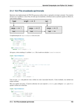 Aprenda Computação com Python 3.0, Versão 1
21.4 19.4 Fila encadeada aprimorada
Queremos uma implementação do TDA Fila que possa realizar todas as operações em tempo constante. Uma maneira
de fazer isso é modiﬁcar a classe Fila, de modo que ela mantenha a referência tanto ao primeiro quanto ao último nó,
como mostra a ﬁgura:
A implementação de ImprovedQueue tem essa cara:
class ImprovedQueue:
def __init__(self):
self.length = 0
self.head = None
self.last = None
def isEmpty(self):
return (self.length == 0)
Até agora, a única mudança é o atributo last. Ele é usado nos métodos insert e remove:
class ImprovedQueue:
# ...
def insert(self, cargo):
node = Node(cargo)
node.next = None
if self.length == 0:
# if list is empty, the new node is head and last
self.head = self.last = node
else:
# find the last node
last = self.last
# append the new node
last.next = node
self.last = node
self.length = self.length + 1
Uma vez que last não perde de vista o ultimo nó, não é necessário buscá-lo. Como resultado, esse método tem
tempo constante.
Mas essa rapidez tem preço. É preciso adicionar um caso especial a remove, para conﬁgurar last para None
quando o ultimo nó é removido:
class ImprovedQueue:
#...
def remove(self):
cargo = self.head.cargo
self.head = self.head.next
self.length = self.length - 1
21.4. 19.4 Fila encadeada aprimorada 163
 