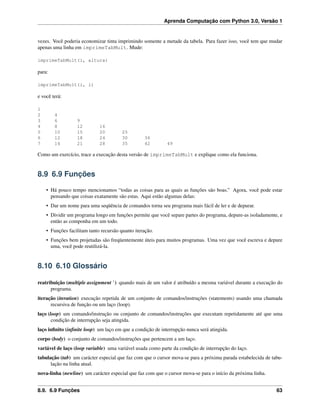 Aprenda Computação com Python 3.0, Versão 1
vezes. Você poderia economizar tinta imprimindo somente a metade da tabela. Para fazer isso, você tem que mudar
apenas uma linha em imprimeTabMult. Mude:
imprimeTabMult(i, altura)
para:
imprimeTabMult(i, i)
e você terá:
1
2 4
3 6 9
4 8 12 16
5 10 15 20 25
6 12 18 24 30 36
7 14 21 28 35 42 49
Como um exercício, trace a execução desta versão de imprimeTabMult e explique como ela funciona.
8.9 6.9 Funções
• Há pouco tempo mencionamos “todas as coisas para as quais as funções são boas.” Agora, você pode estar
pensando que coisas exatamente são estas. Aqui estão algumas delas:
• Dar um nome para uma seqüência de comandos torna seu programa mais fácil de ler e de depurar.
• Dividir um programa longo em funções permite que você separe partes do programa, depure-as isoladamente, e
então as componha em um todo.
• Funções facilitam tanto recursão quanto iteração.
• Funções bem projetadas são freqüentemente úteis para muitos programas. Uma vez que você escreva e depure
uma, você pode reutilizá-la.
8.10 6.10 Glossário
reatribuição (multiple assignment 1
) quando mais de um valor é atribuído a mesma variável durante a execução do
programa.
iteração (iteration) execução repetida de um conjunto de comandos/instruções (statements) usando uma chamada
recursiva de função ou um laço (loop).
laço (loop) um comando/instrução ou conjunto de comandos/instruções que executam repetidamente até que uma
condição de interrupção seja atingida.
laço inﬁnito (inﬁnite loop) um laço em que a condição de interrupção nunca será atingida.
corpo (body) o conjunto de comandos/instruções que pertencem a um laço.
variável de laço (loop variable) uma variável usada como parte da condição de interrupção do laço.
tabulação (tab) um carácter especial que faz com que o cursor mova-se para a próxima parada estabelecida de tabu-
lação na linha atual.
nova-linha (newline) um carácter especial que faz com que o cursor mova-se para o início da próxima linha.
8.9. 6.9 Funções 63
 