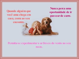 Quando alguém que você ama chega em casa, corra ao seu encontro. Nunca perca uma oportunidade de ir passear de carro. Permita-se experimentar o ar fresco do vento no seu rosto. 