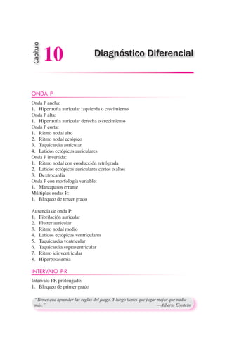 ONDA P
Onda P ancha:
1.	 Hipertrofia auricular izquierda o crecimiento
Onda P alta:
1.	 Hipertrofia auricular derecha o crecimiento
Onda P corta:
1.	 Ritmo nodal alto
2.	 Ritmo nodal ectópico
3.	 Taquicardia auricular
4.	 Latidos ectópicos auriculares
Onda P invertida:
1.	 Ritmo nodal con conducción retrógrada
2.	 Latidos ectópicos auriculares cortos o altos
3.	 Dextrocardia
Onda P con morfología variable:
1.	 Marcapasos errante
Múltiples ondas P:
1.	 Bloqueo de tercer grado
Ausencia de onda P:
1.	 Fibrilación auricular
2.	 Flutter auricular
3.	 Ritmo nodal medio
4.	 Latidos ectópicos ventriculares
5.	 Taquicardia ventricular
6.	 Taquicardia supraventricular
7.	 Ritmo idioventricular
8.	 Hiperpotasemia
INTERVALO P-R
Intervalo PR prolongado:
1.	 Bloqueo de primer grado
“Tienes que aprender las reglas del juego. Y luego tienes que jugar mejor que nadie
más.”	 —Alberto Einstein
Diagnóstico Diferencial
Capítulo
10
 